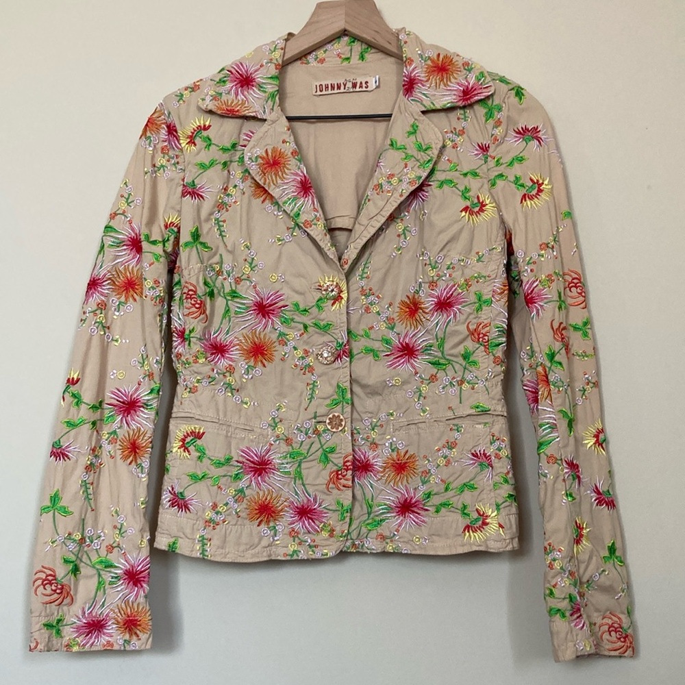 Johnny Was Floral Embroidered Tan blazer Jacket